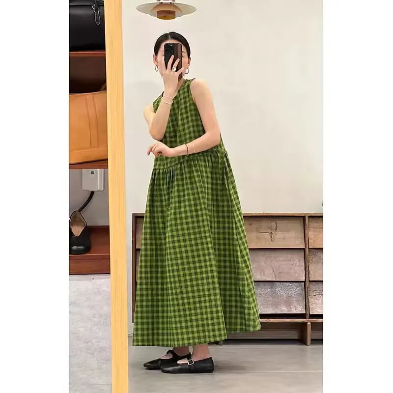 Slimming Plaid Cotton Lin Svel Long Dr Women's plus Size Dstring Waist round Ne Vest Skirt Commute Sle Summer...