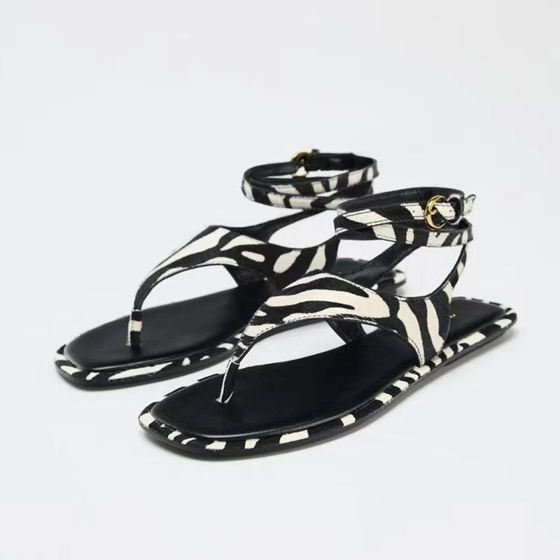 leather Trendy  Flip Flop Sandals Women Flat Heel Ankle Wrap Vacation Sandals Ladies Beach Shoes Zebra Print
