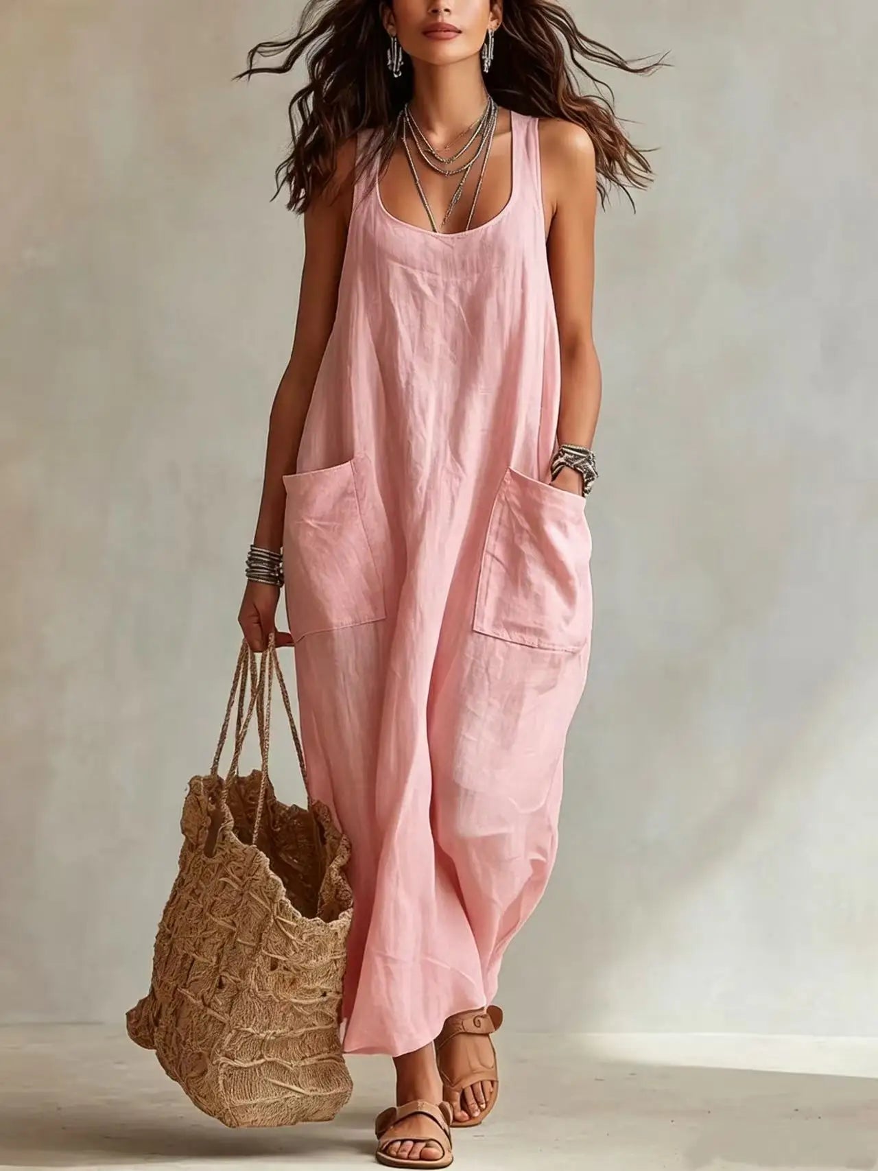 Women's Cotton Linen Square Neck Maxi Dress with Pockets Spaghetti Strap Sleeveless Loose Vacation Beach Long Sundress S-2XL