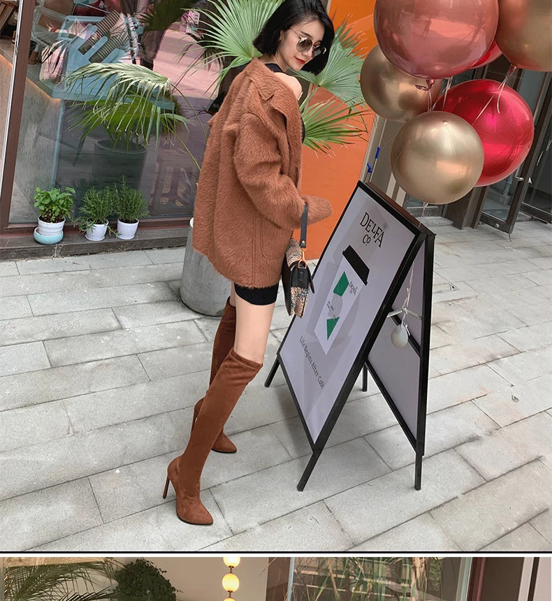 Sexy Glamourous Women Thigh High Boots Thin High Heeled Long Boots Leopard Print Snake Pointed Toe Over The Knee High Winter Bootie