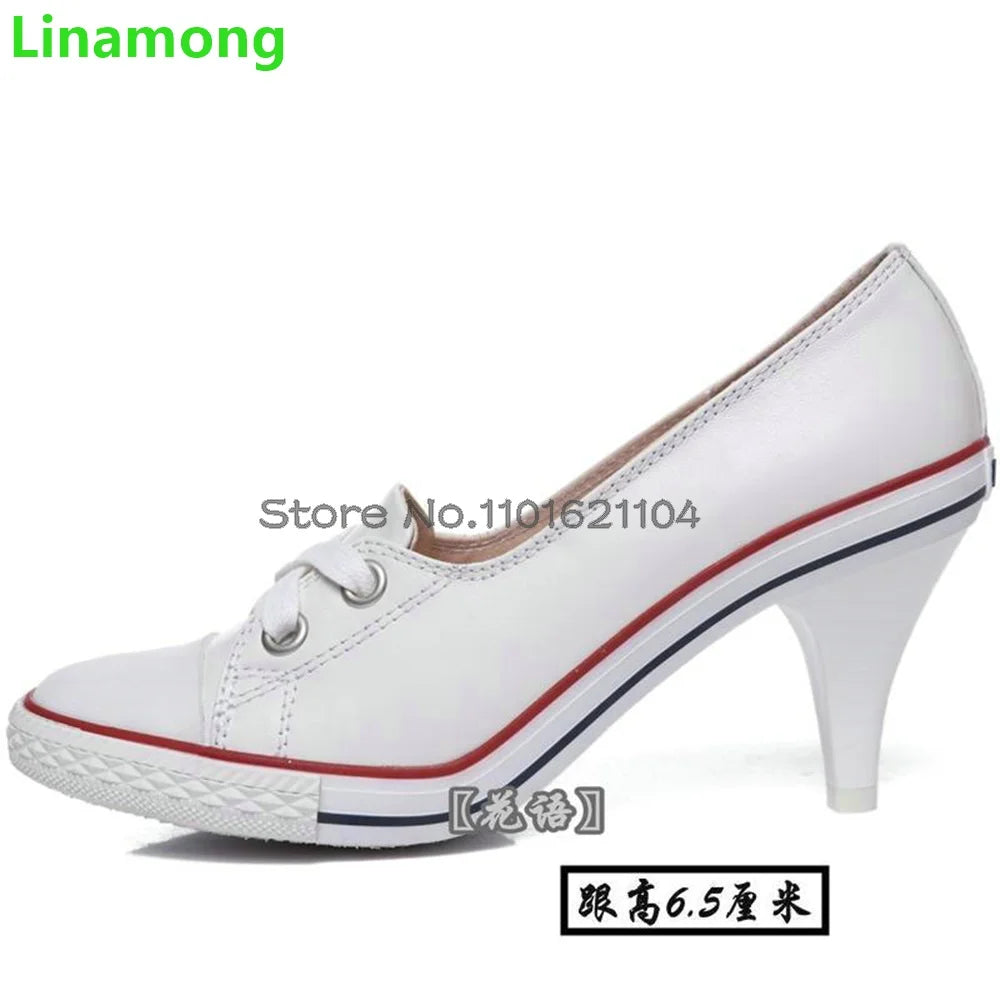 Round Toe Thin High Heel Leisure Pumps For Female Women 2024 Spring New Lace-up Shallow Handamde Mixed Colors Heightened Shoes