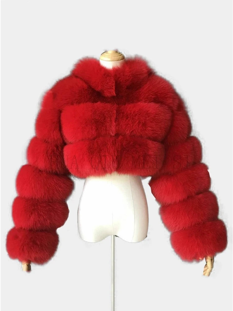 DEAT Fashion Women's Faux Fur Coat Stand Neck Long Sleeve Zipper Short Solid Color Thick Warm Jackets Winter 2024 New 7AB6434