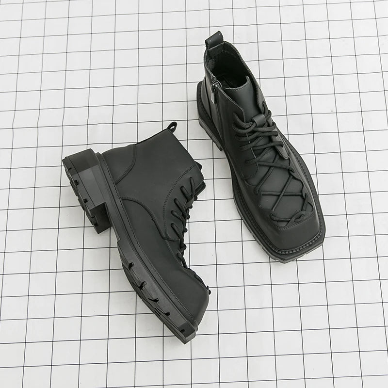 Autumn New Men Comfortable Lace Up Side Zipper High Top Leather Shoes Fashion Brand Round Toe Thick Soled Non Slip Outdoor Boots