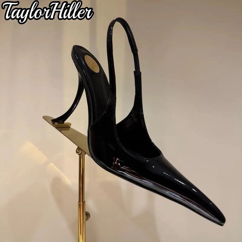 Strange Style Patent Leather Heeled Sandals Shallow Pointy Toe Black Wine Red High Heels Pull On Slip On Luxury Modern Shoes New