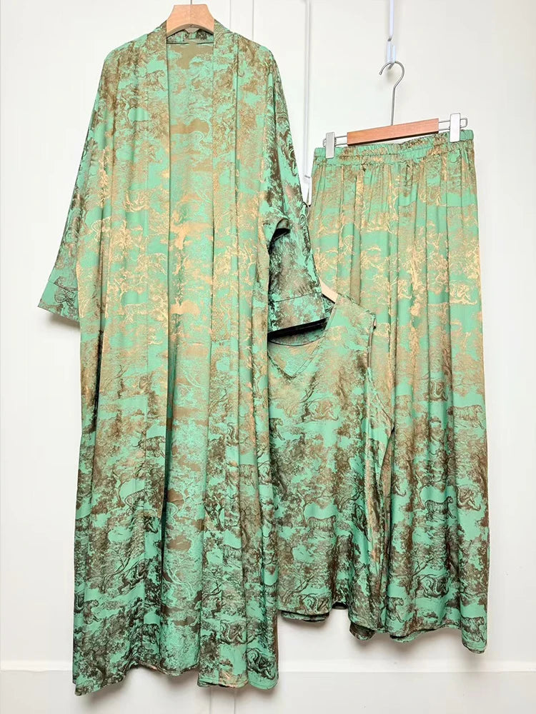 Retro positioning printed long cardigan+vest three piece set 2026 spring women's clothing+loose pants skirt fashion set