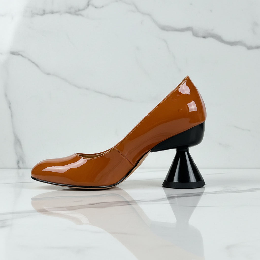Stylish Patent Sheepskin Leather Pumps Women Shallow Med Strange Heels Party Dating Shoes Female Dress Pumps
