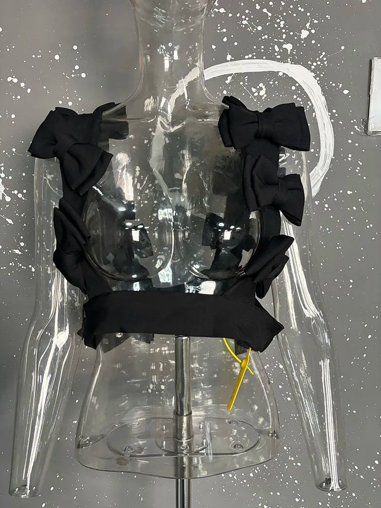 DEAT 2025 Summer Fashion Bow Decoration Vest For Women Niche Design Versatile Black Tank Tops Female Trendy New Items 11A04652