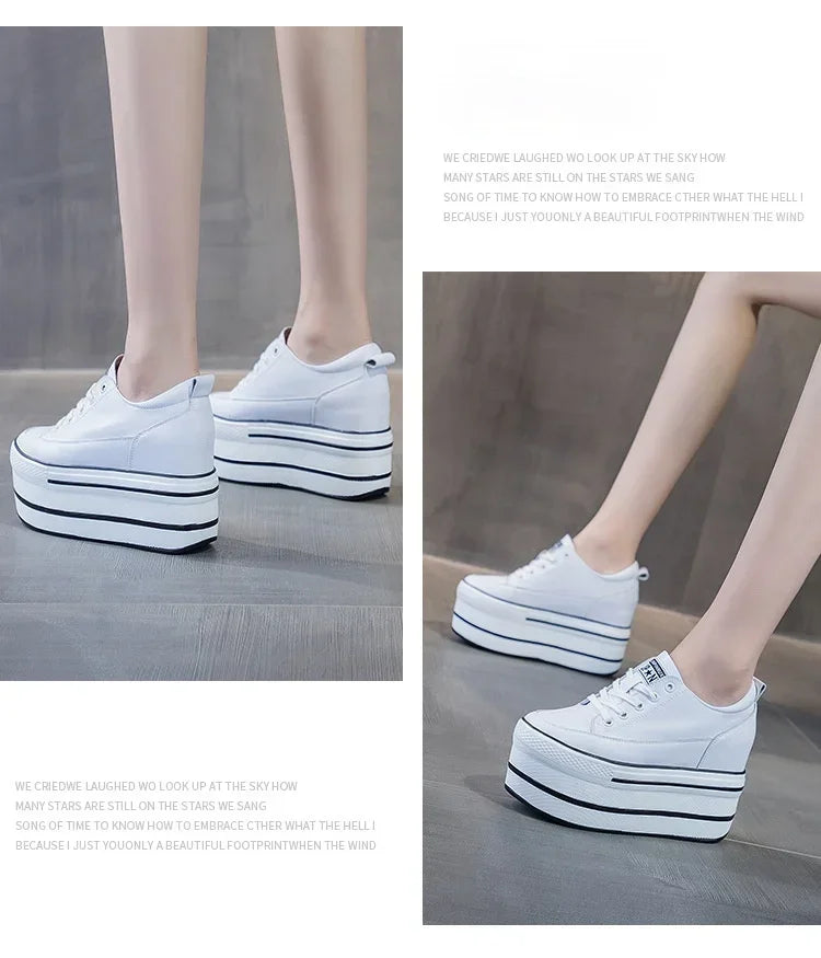 Fashion 10.5cm High Thick Heel Platform Flats Women Casual Shoes Genuine Leather Soft Quality Casual Shoe Sneakers White Black