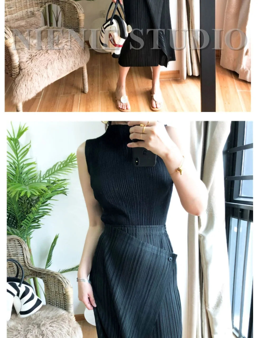 Miyake Pleated Skirt High Waist One Button Stitching Long Asymmetrical Skirt Two Piece Straight Korea Fashion Aesthetic Clothes