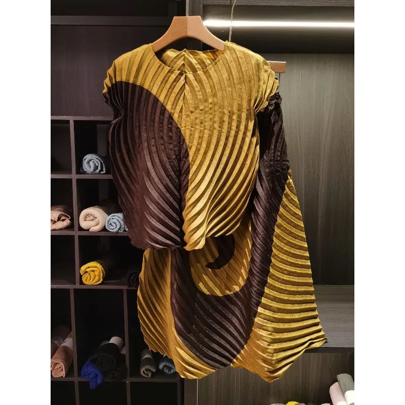 Miyake style Pleated Color Block T-Shirt 2026 Summer New Irregular Top Skirt 2-Piece Set Women Vacation Stretch Wrinkle-Free Clothing