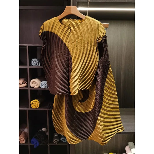 Miyake style Pleated Color Block T-Shirt 2026 Summer New Irregular Top Skirt 2-Piece Set Women Vacation Stretch Wrinkle-Free Clothing