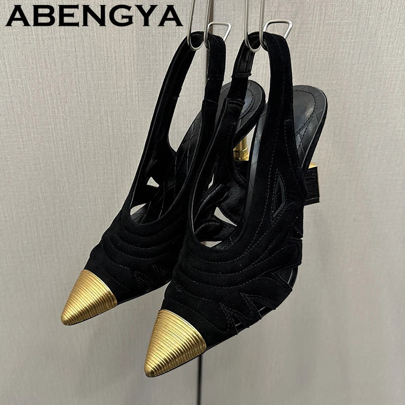 Fashion Strange High Heels Sandals Women Metal Pointy Toe Suede Slingbacks Pumps Summer Sexy Party Wedding Brides Shoes Female