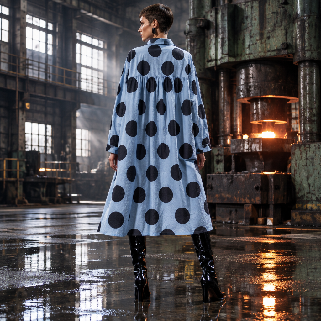 Bust 118cm Middle Aged Women Fall Clothes Japan Style Green Polka Dot Print Pure Cotton Shirt Dress for Women Autumn Loose Dress