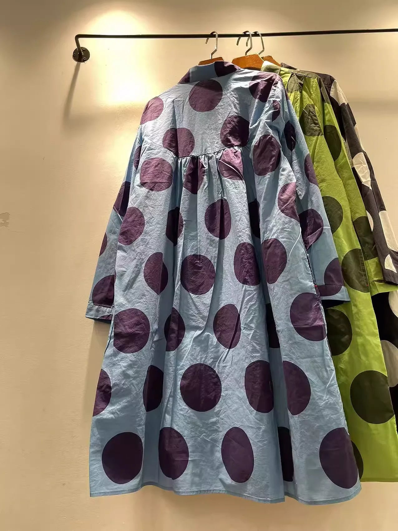 Bust 118cm Middle Aged Women Fall Clothes Japan Style Green Polka Dot Print Pure Cotton Shirt Dress for Women Autumn Loose Dress