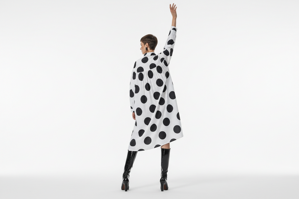 Bust 118cm Middle Aged Women Fall Clothes Japan Style Green Polka Dot Print Pure Cotton Shirt Dress for Women Autumn Loose Dress