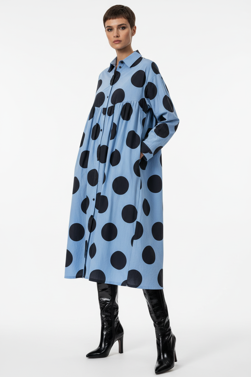 Bust 118cm Middle Aged Women Fall Clothes Japan Style Green Polka Dot Print Pure Cotton Shirt Dress for Women Autumn Loose Dress