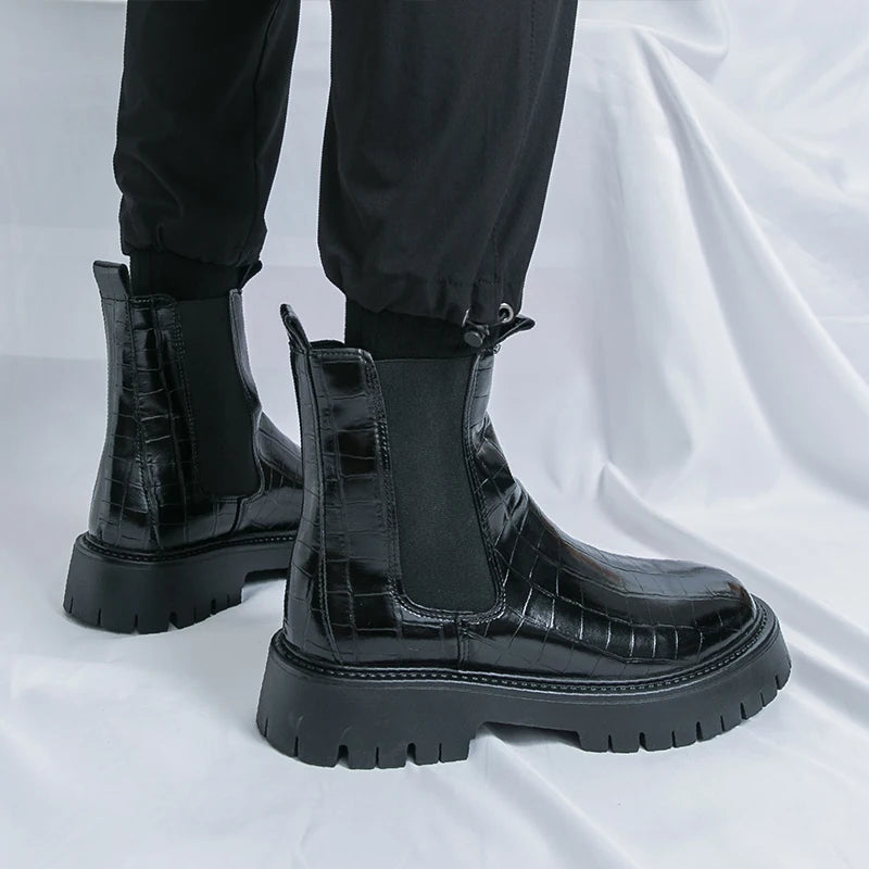 2025 Fashion Brand Men's Comfortable Fit Thick Soled Chimney Boots Autumn New High Top Chelsea Boots Plus Large Workwear Boots