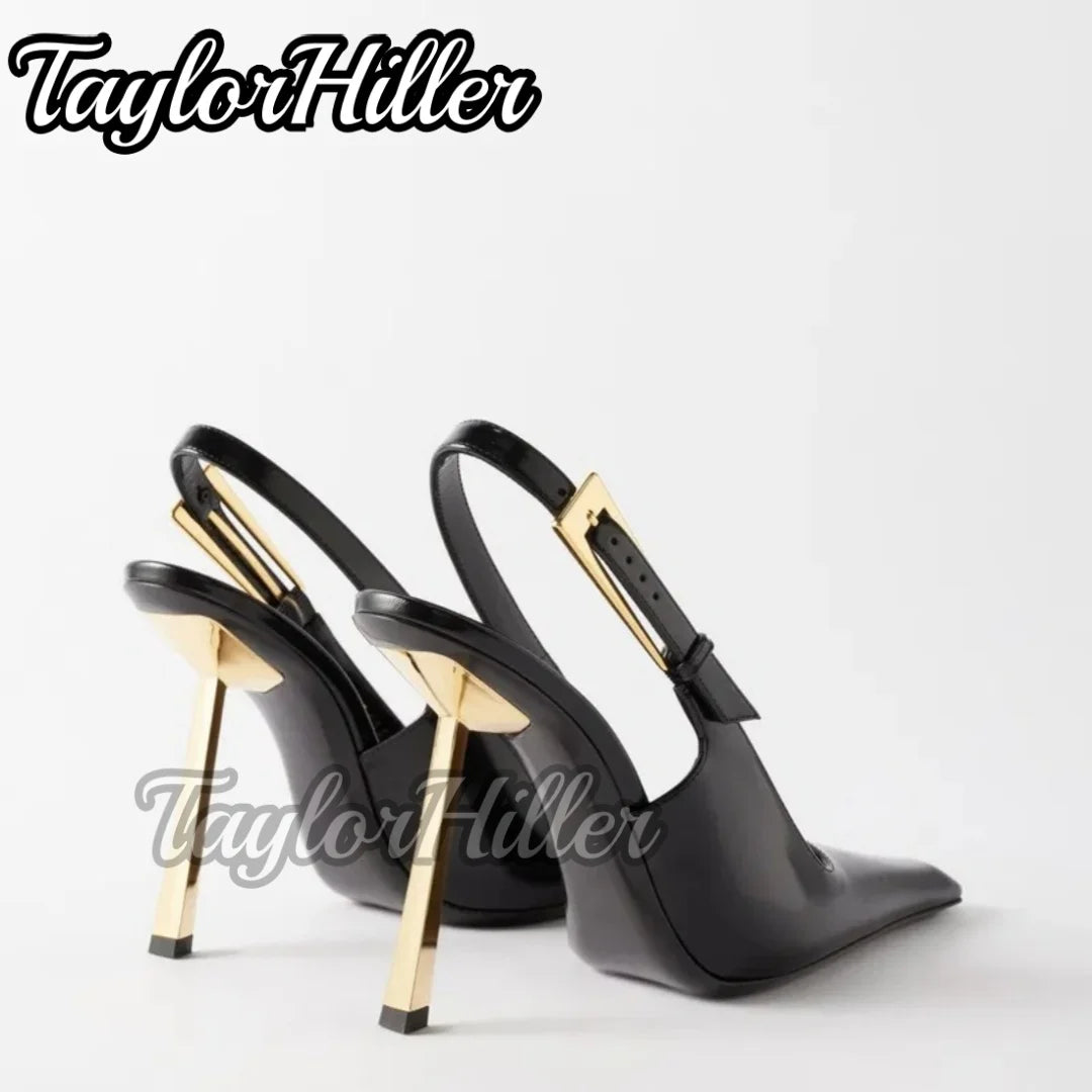 Luxury Slingback Patent Leather Heeled Sandals Pointy Toe Shallow High Heels Women Golden Strange Style Designer Shoes Summer