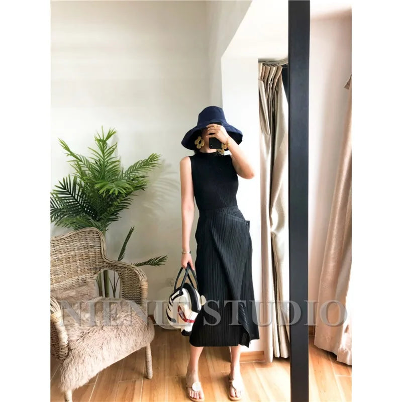 Miyake Pleated Skirt High Waist One Button Stitching Long Asymmetrical Skirt Two Piece Straight Korea Fashion Aesthetic Clothes