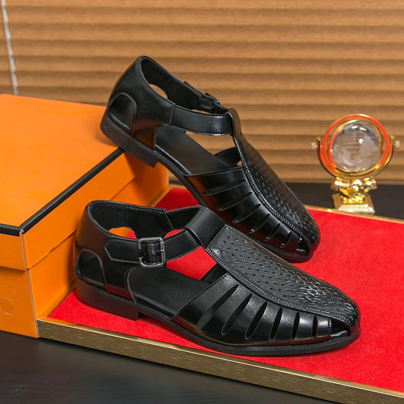 Brand's New Men's Summer Oversized Breathable Sandals Retro Pointed Men's Fashion Trend Hollowed Out Comfortable Leather Shoes