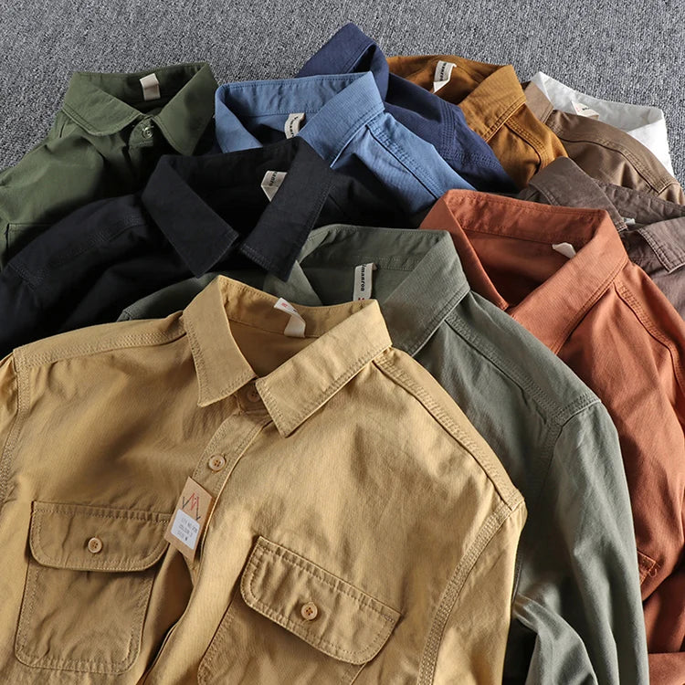 Autumn New American Retro Twill Woven Cargo Shirt Men's Fashion Pure Cotton Washed Old Long Sleeve Double Pocket Casual Blouses