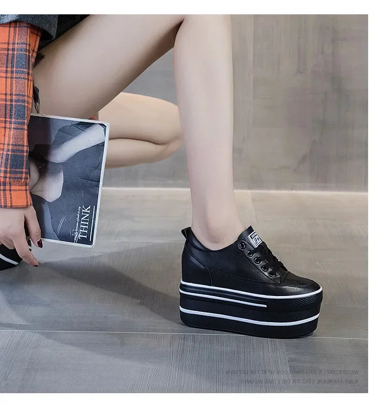 Fashion 10.5cm High Thick Heel Platform Flats Women Casual Shoes Genuine Leather Soft Quality Casual Shoe Sneakers White Black