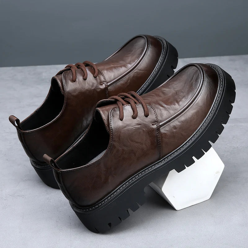 Men's Fashion Genuine Leather British Style Thick Bottom Work Shoes Classic Lace Up Comfortable Anti Slip Big Head Leather Shoes