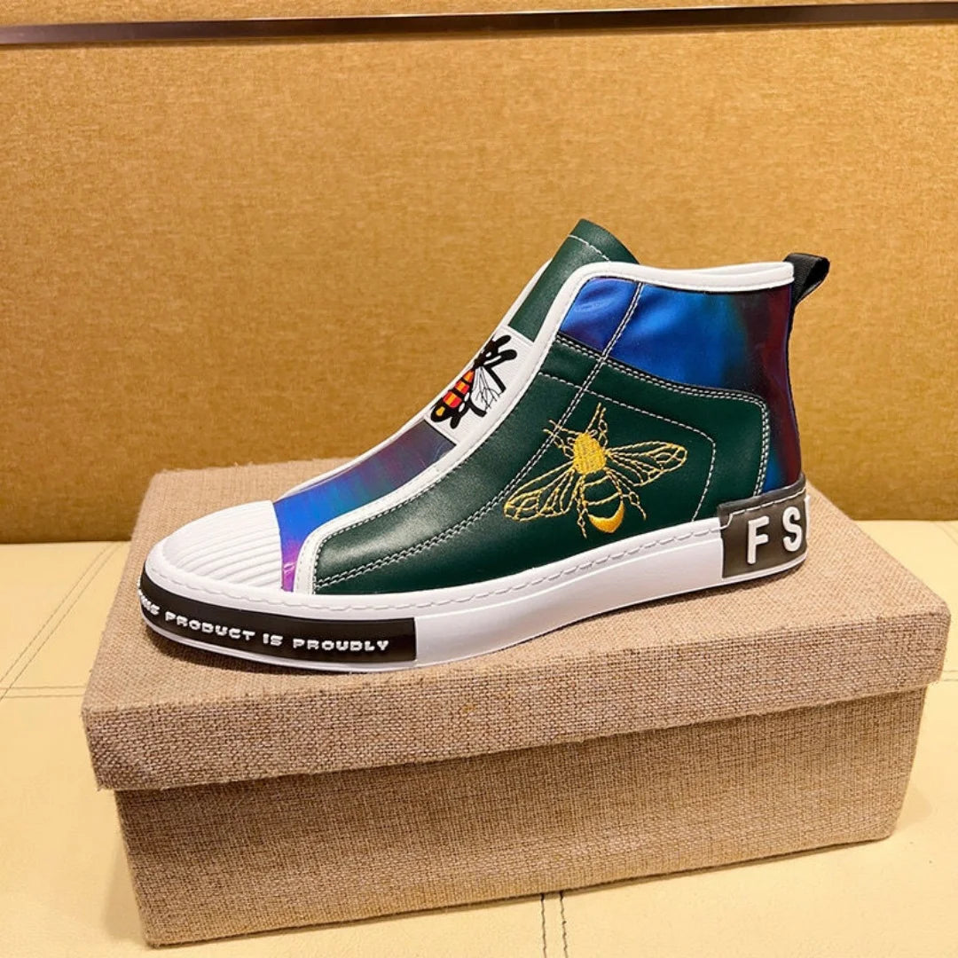 New High-top plush Men's Genuine leather embroidery Bees Sports shoes Luxury fashion Lace-up shoes sneaker Running shoes