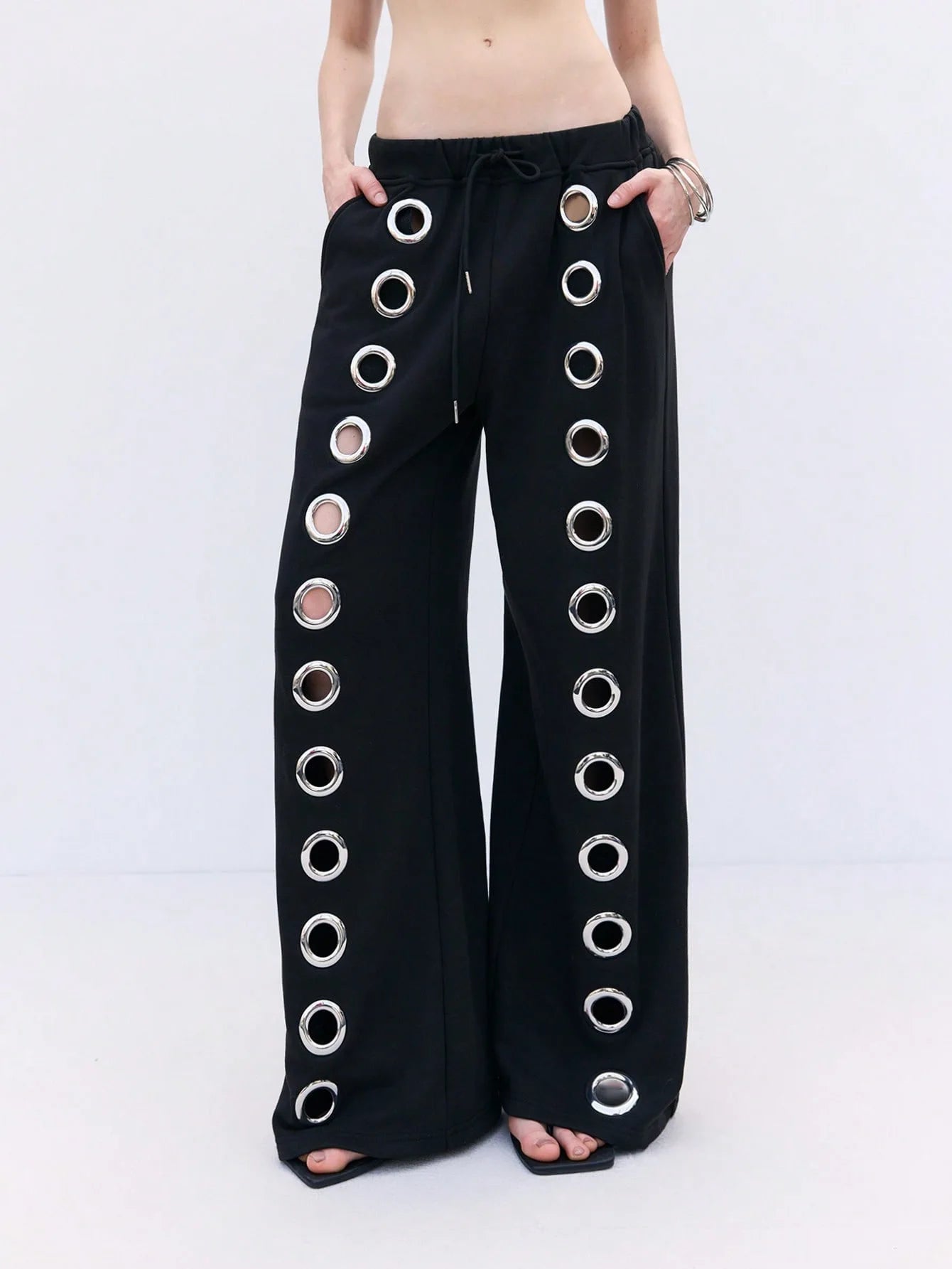 2025 new men's and women's pants, solid color drawstring running pants, loose hollow pants, men's street wear, Y2K fashion casua