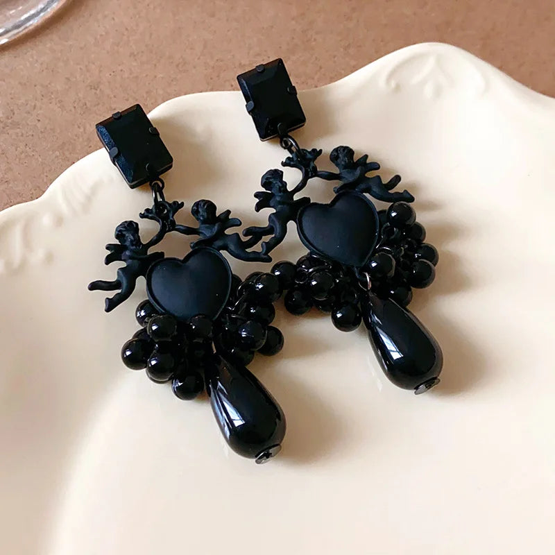 Vintage Silver Needle Drop Oil Love Earrings for Women Vintage Light Luxury Beads Tassel Drop Earring Luxury Designer Jewelry