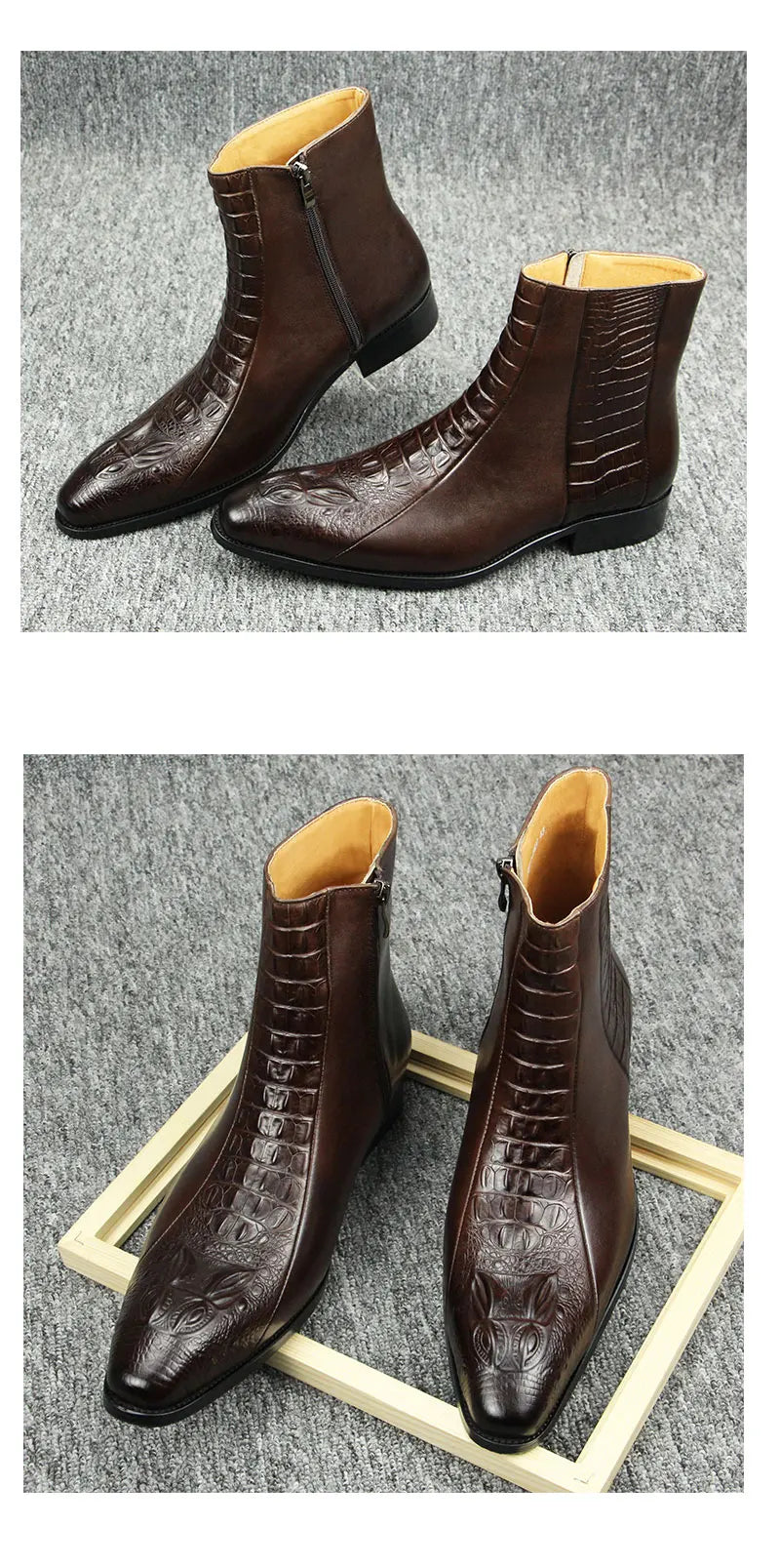 Genuine Leather Mens Boots Autumn Winter Vintage English Style Pointed Toe Work Boots Exquisite Crocodile Engraved Zipper Shoes