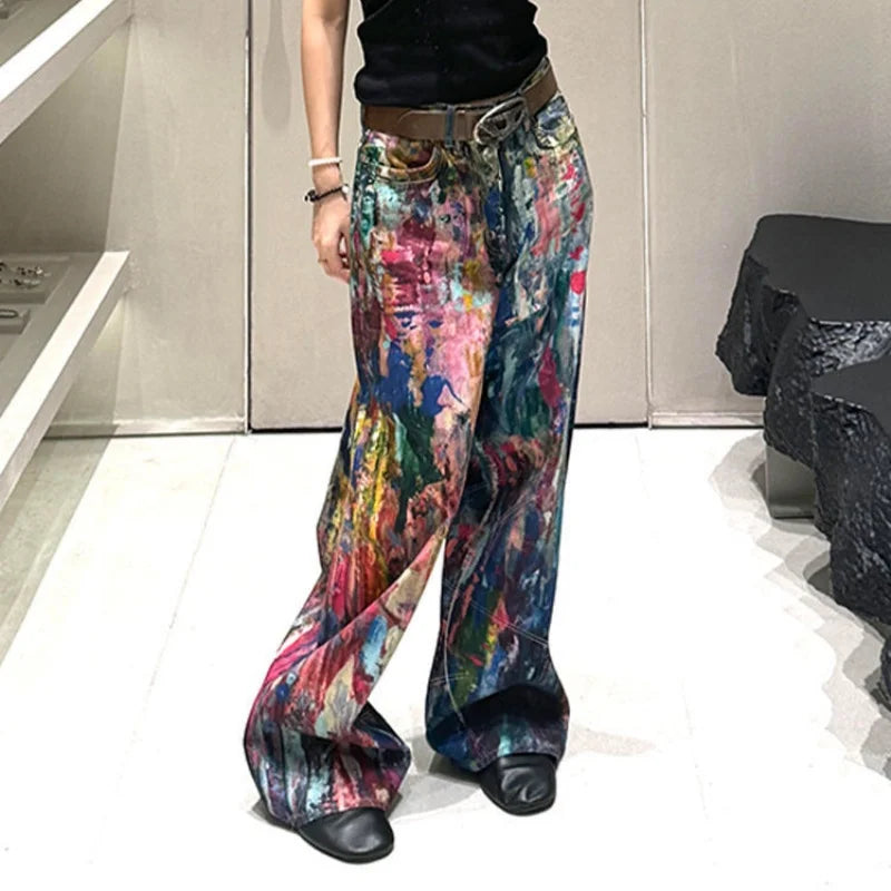 Limiguyue Spring Autumn Y2K 3D Print Jeans for Women Oil Paint Wide-Leg Long Streetwear Trousers American Splatter Runway 253A