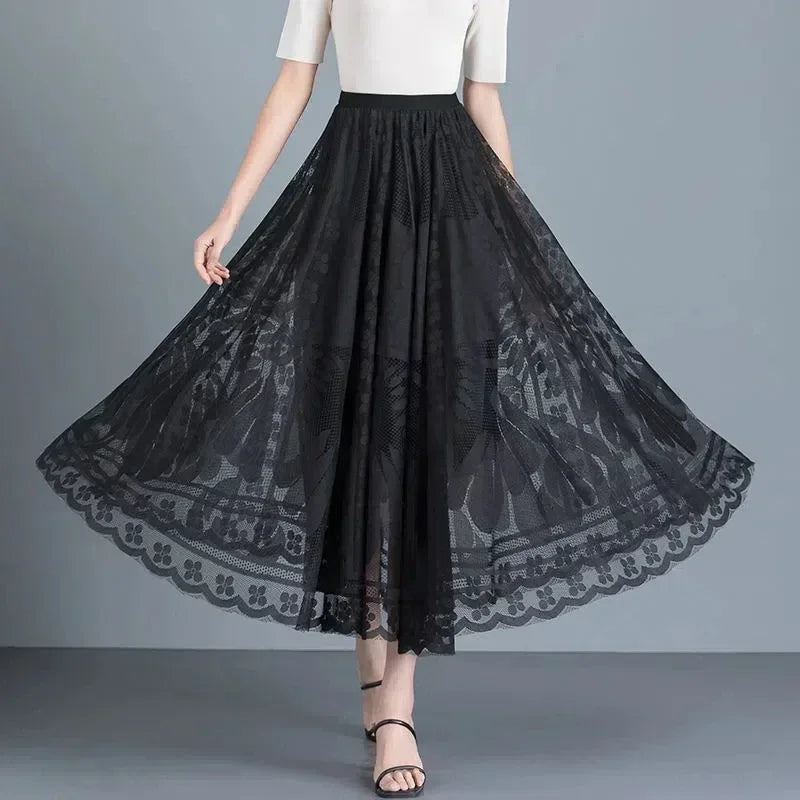Women Vintage Sexy Hollow Lace High Waist Elegant Party Long Skirt Summer Fashion Black Pleated Fairy A Linen Maxi Skirts Faldas