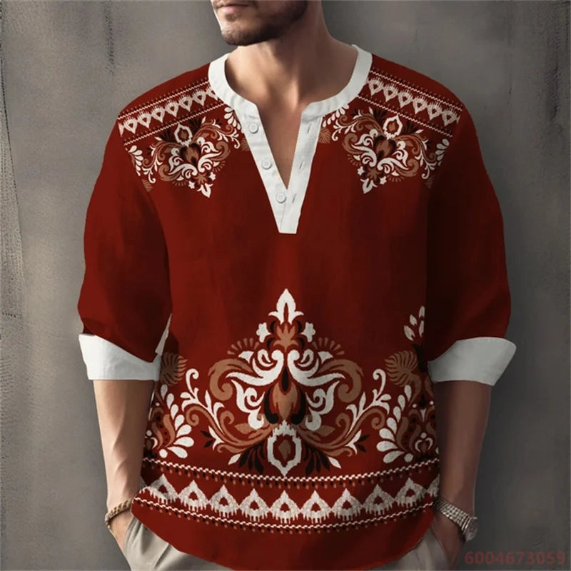 Men's Long-Sleeved Shirt for Summer Vacation, Featuring a Color-Blocked Geometric Print and Henley Collar; Stylish Men's Shirt.