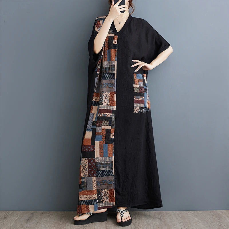 Long V-Ne ort Sve Printed Slimming Cotton Linen Dr Color Blo Casual Loose Fit Summer Faion plus Size Women