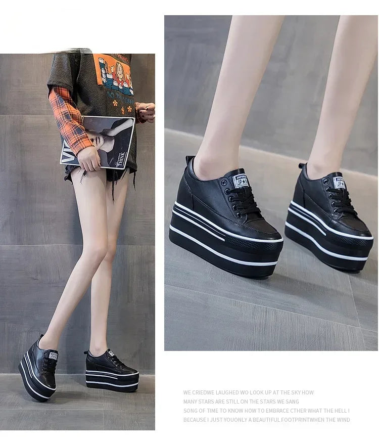 Fashion 10.5cm High Thick Heel Platform Flats Women Casual Shoes Genuine Leather Soft Quality Casual Shoe Sneakers White Black