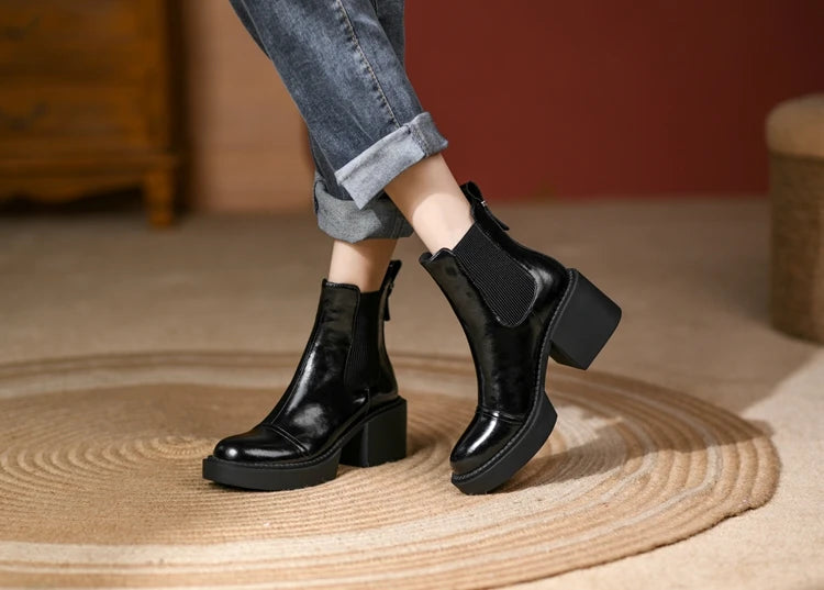 Winter Genuine Leather Chelsea Boots Women Shoes Retro Round Toe Women Platform Thick Heels Short Booties Autumn