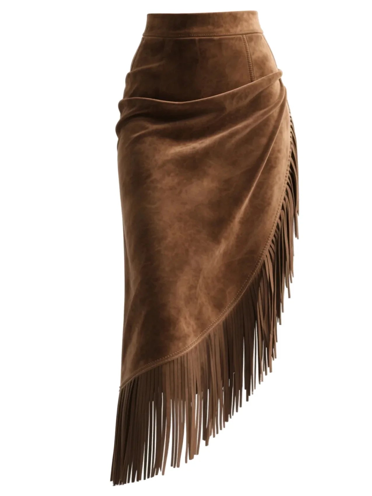 Vintage Tassel Suede Skirt Women High Waist A-Line Irregular Midi Chic Skirts Elegant Fashion Streetwear Patchwork Casual Skirt