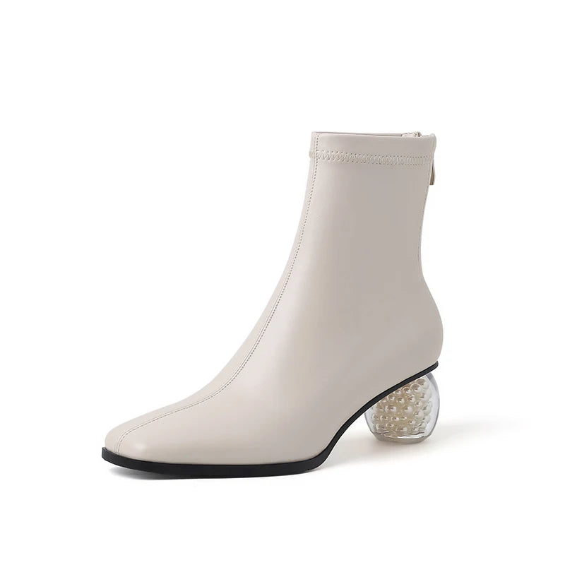 Stretchable Short Boots Women Square Toe Pearl Heels Young Ladies Fashion Ankle Boots Female Party Dating Shoes