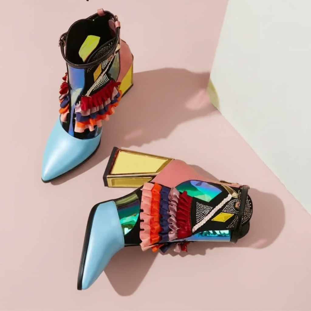Mixed Color Women Boots Novetly Pointed Toe Thick Bottom Platform Ankle Boots Women Blingbling Shoes Mujer Modern Bota All Match