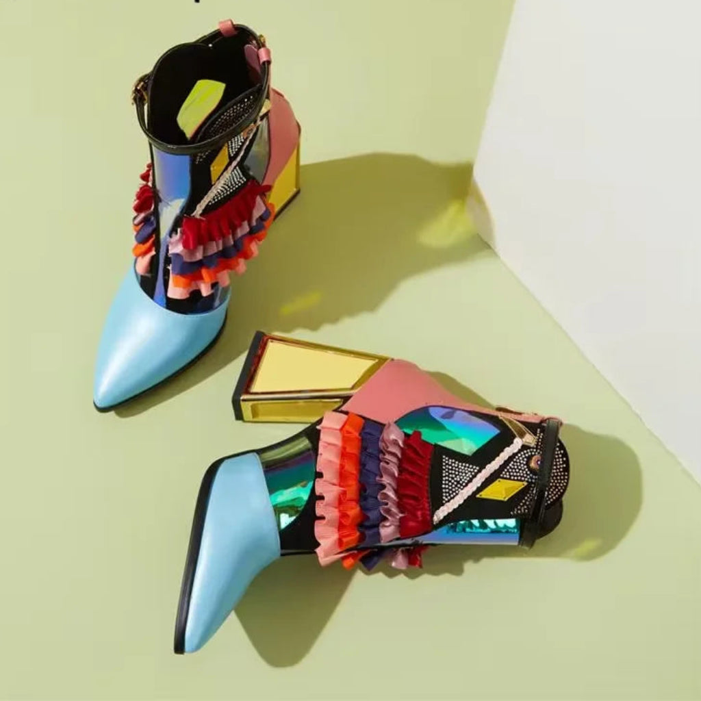 Mixed Color Women Boots Novetly Pointed Toe Thick Bottom Platform Ankle Boots Women Blingbling Shoes Mujer Modern Bota All Match