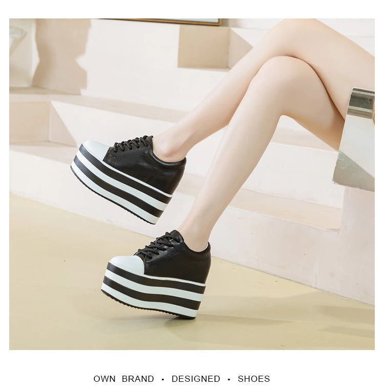 12cm Genuine Leather Platform Wedge Chunky Sneaker Hidden Heels Casual Breathable New Spring Autumn High Brand Vulcanize Shoes