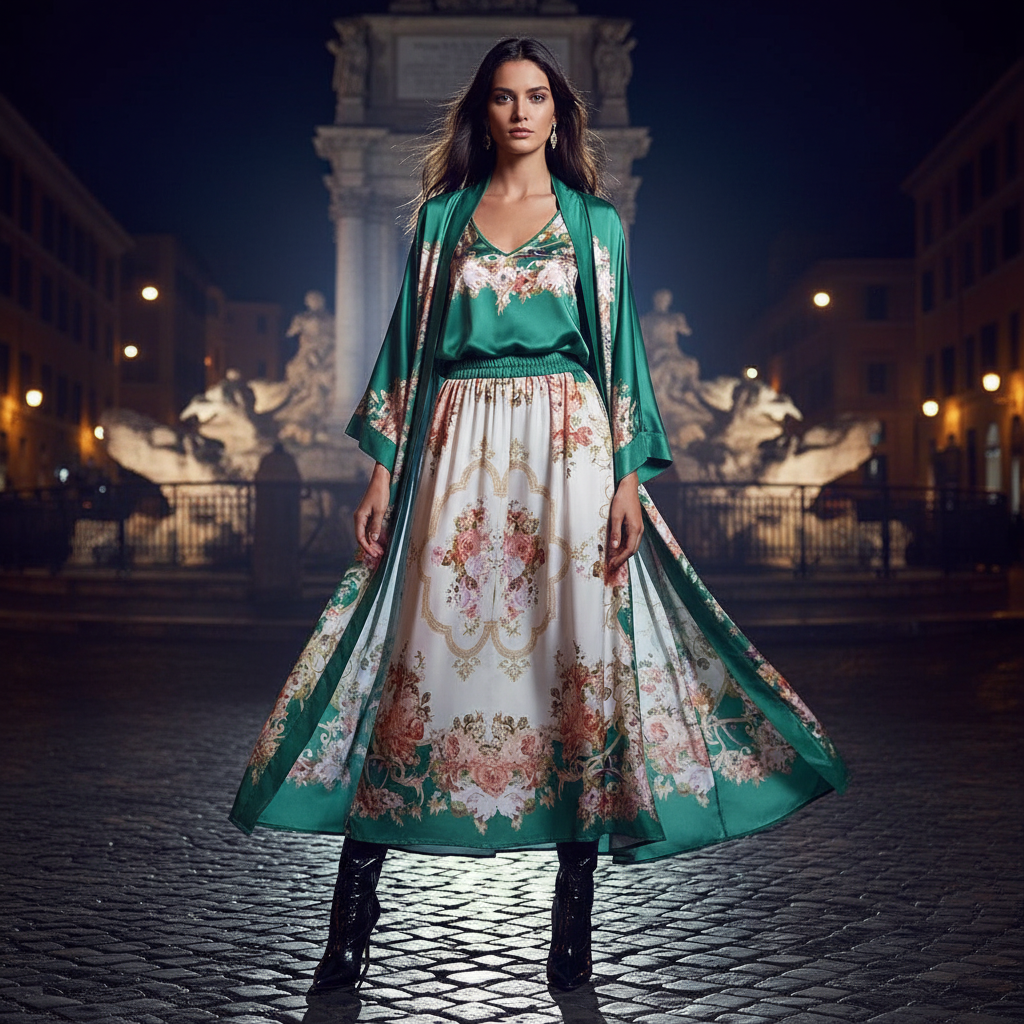 Retro positioning printed long cardigan+vest three piece set 2026 spring women's clothing+loose pants skirt fashion set