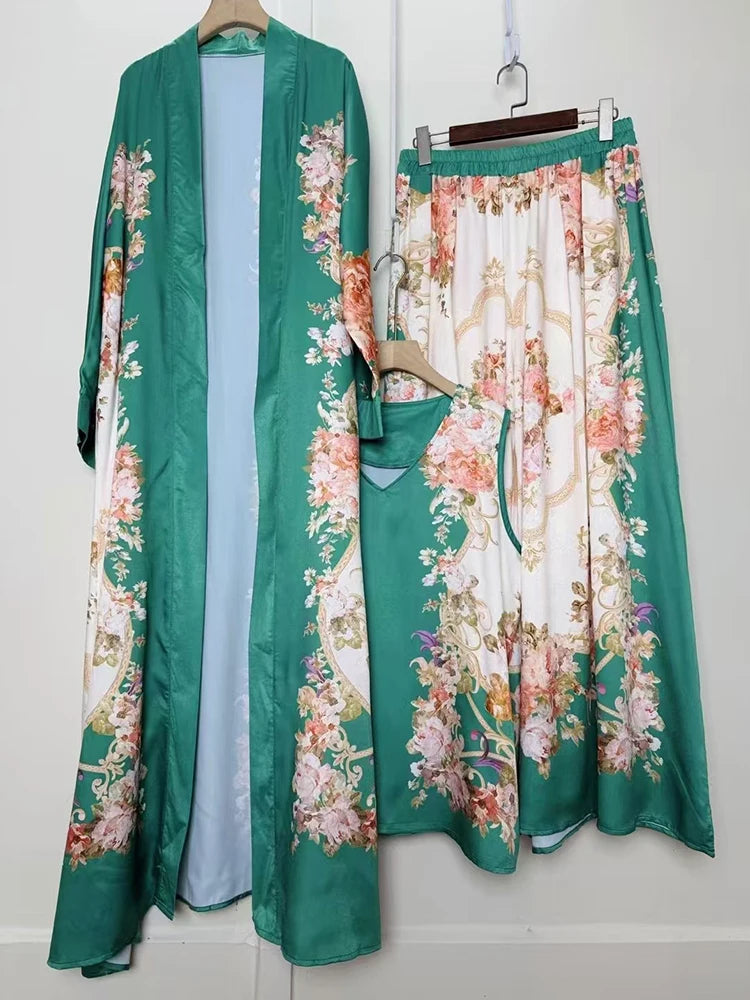 Retro positioning printed long cardigan+vest three piece set 2026 spring women's clothing+loose pants skirt fashion set