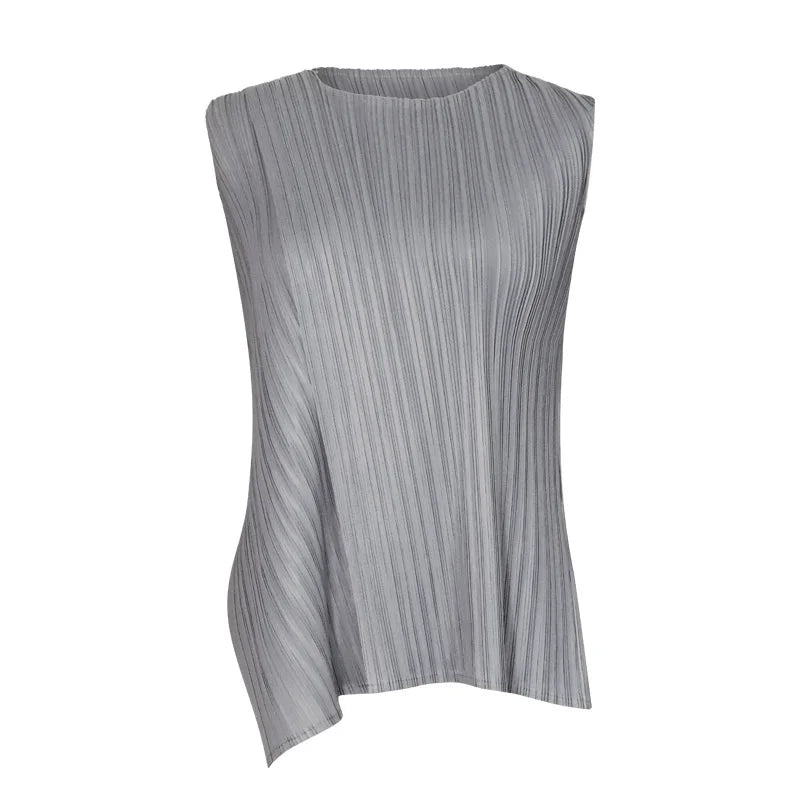 Miyake Irregular Designer Pleated Two Pieces Set Women Sleeveless Elegant Top Wide Leg Loose Trousers Summer Lady Clothing