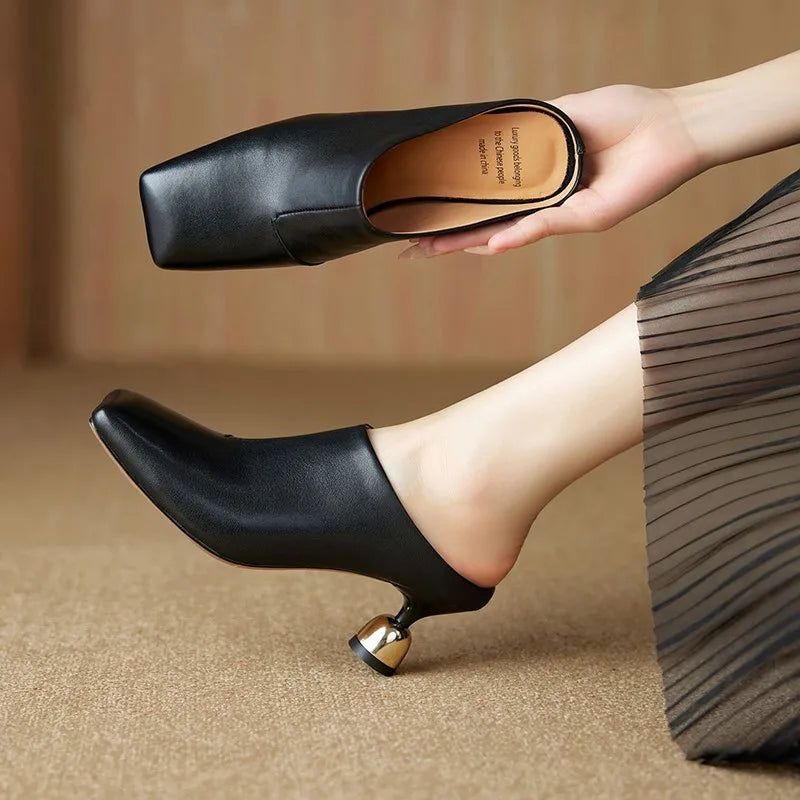 Dilalula 2025 Elegant Genuine Leather Thin High Mules Women Covered Toe Strange High Heels Ladies Party Dress Shoes Summer