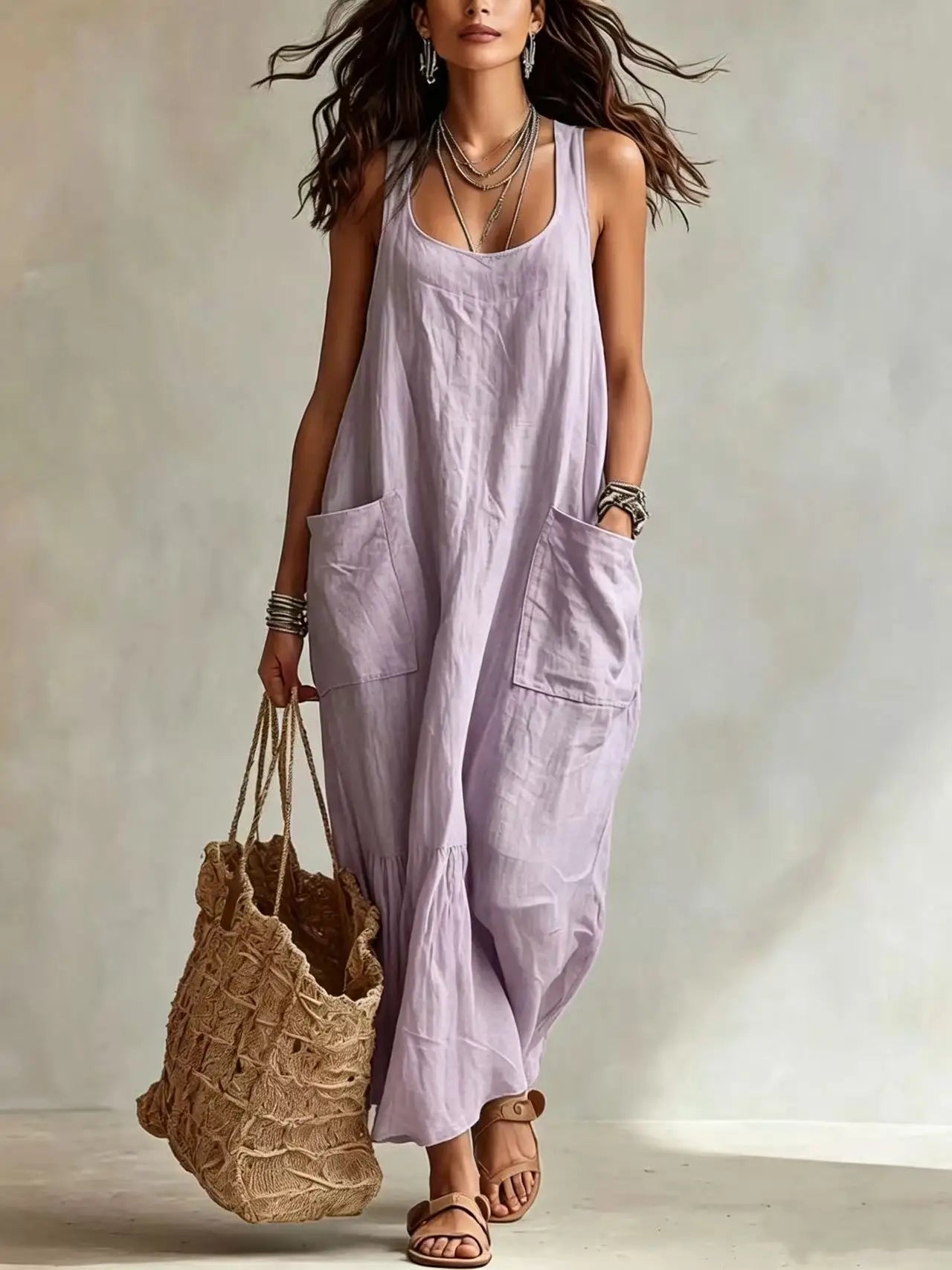 Women's Cotton Linen Square Neck Maxi Dress with Pockets Spaghetti Strap Sleeveless Loose Vacation Beach Long Sundress S-2XL