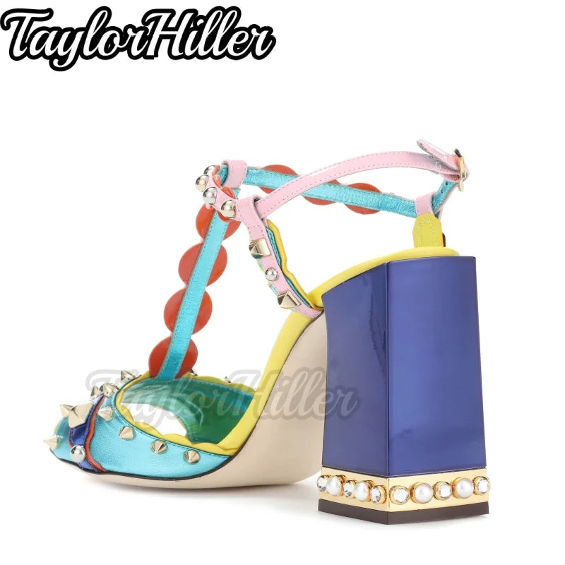Colorful Gemstone T-strap Heeled Sandals Shallow Buckle Strap Square Heel Gladiator Heels Summer Vacation Bohemian Style Shoes