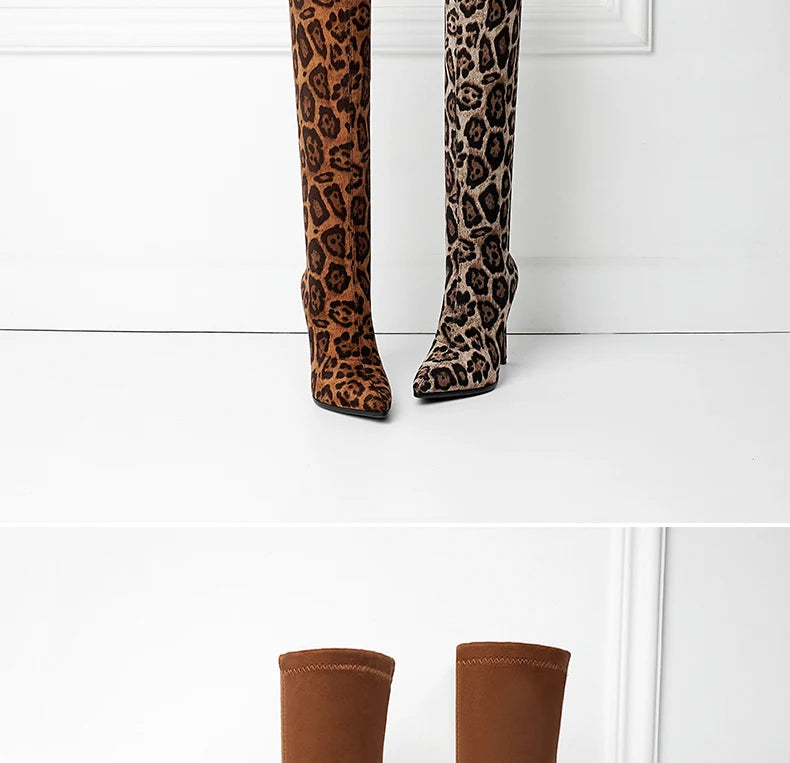 Sexy Glamourous Women Thigh High Boots Thin High Heeled Long Boots Leopard Print Snake Pointed Toe Over The Knee High Winter Bootie
