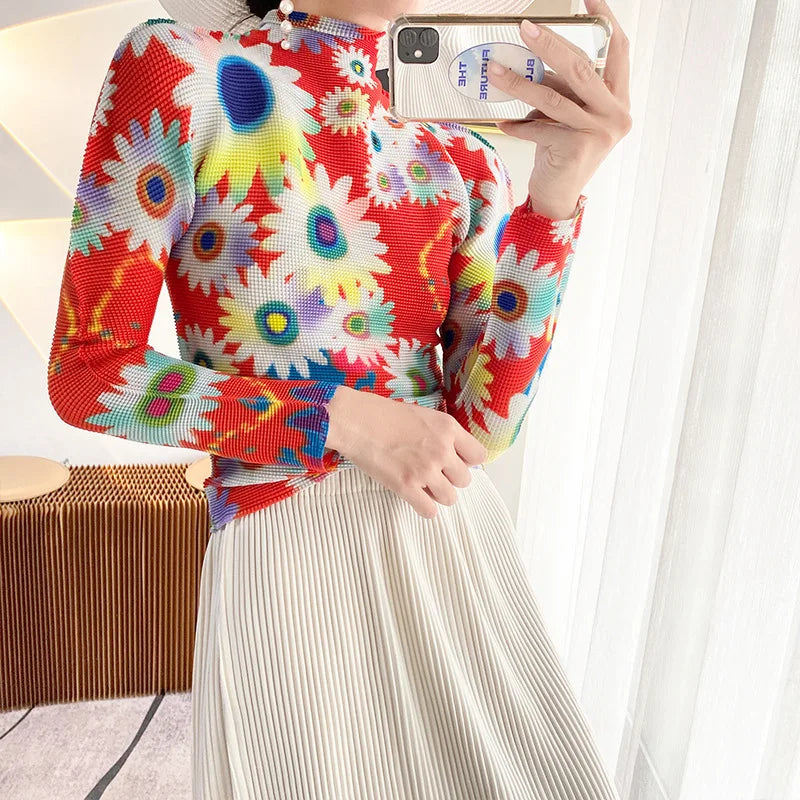 Miyake Pleated Contrasting Colors T-shirt Women Half Turtleneck Skinny Pullover 2025 Summer Fashion Female Clothing